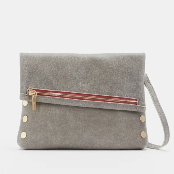 Hammitt VIP Medium Crossbody Bag Pewter Brushed Gold Red Zip Leather Clutch - Picture 1 of 6